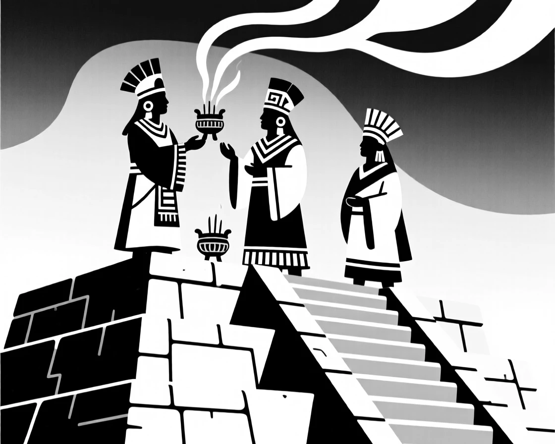 Ancient Mayan priests performing a ceremony atop a temple.
