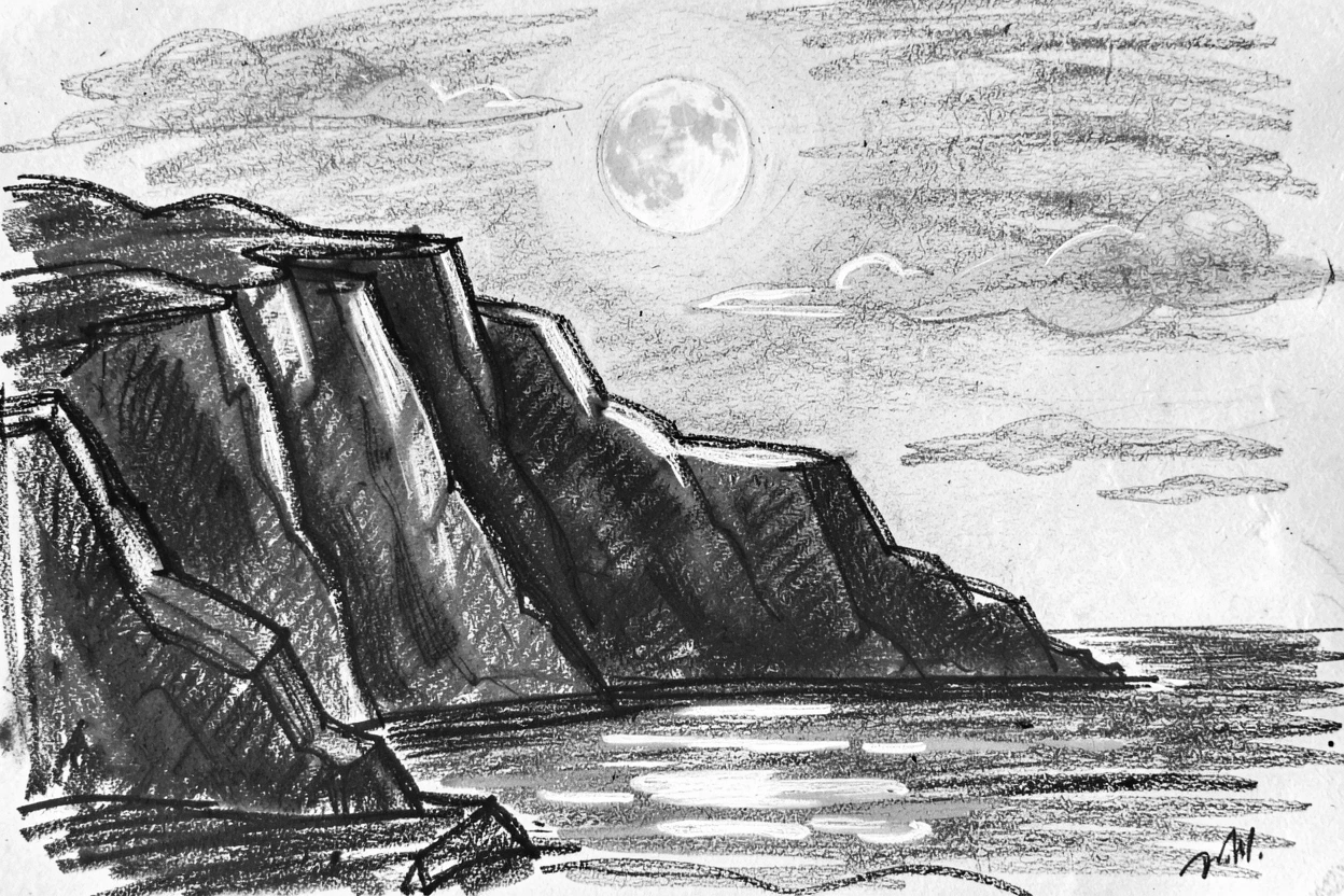 A wind-swept coastal cliff under the soft glow of the moon.