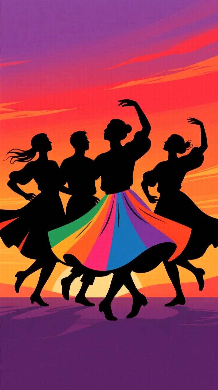 A group of dancers spinning in colorful skirts during a folk celebration.
