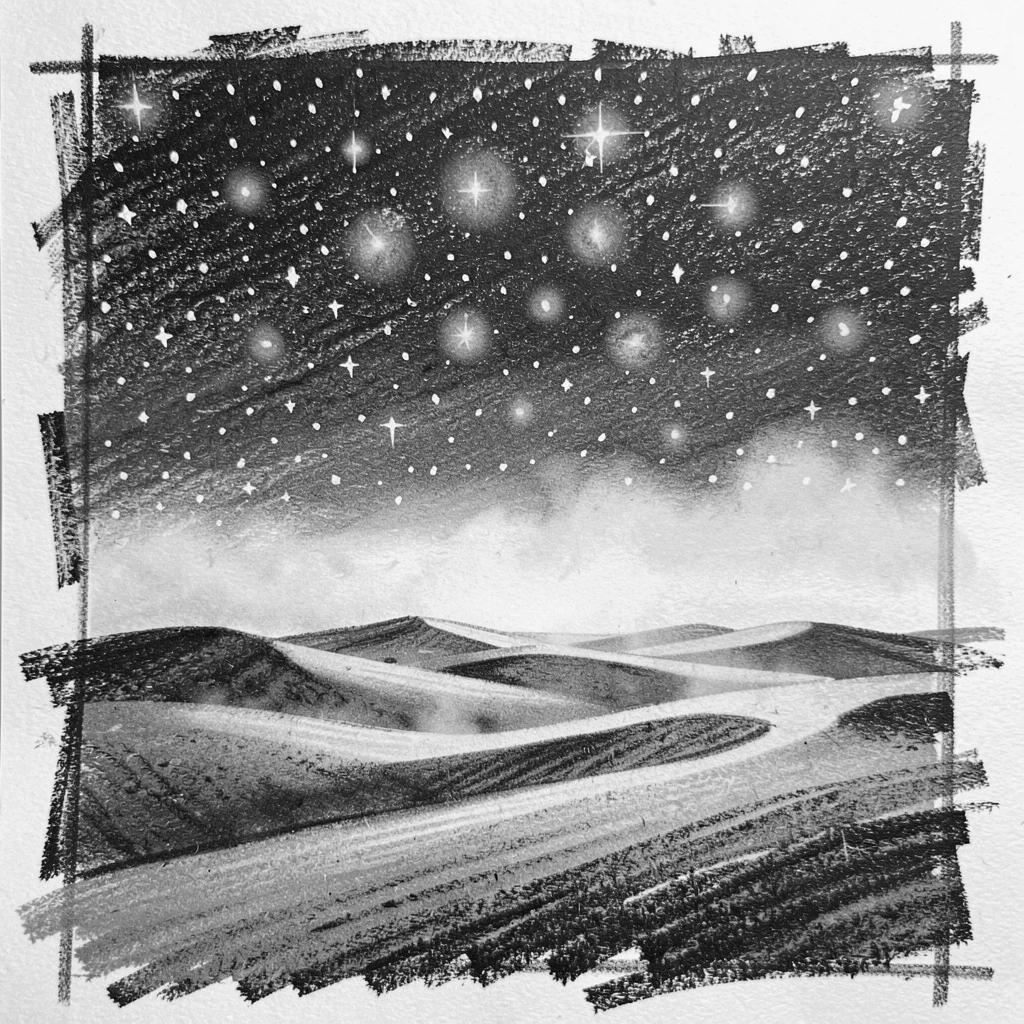 A star-filled night sky over a desert with mist rising gently at first light.