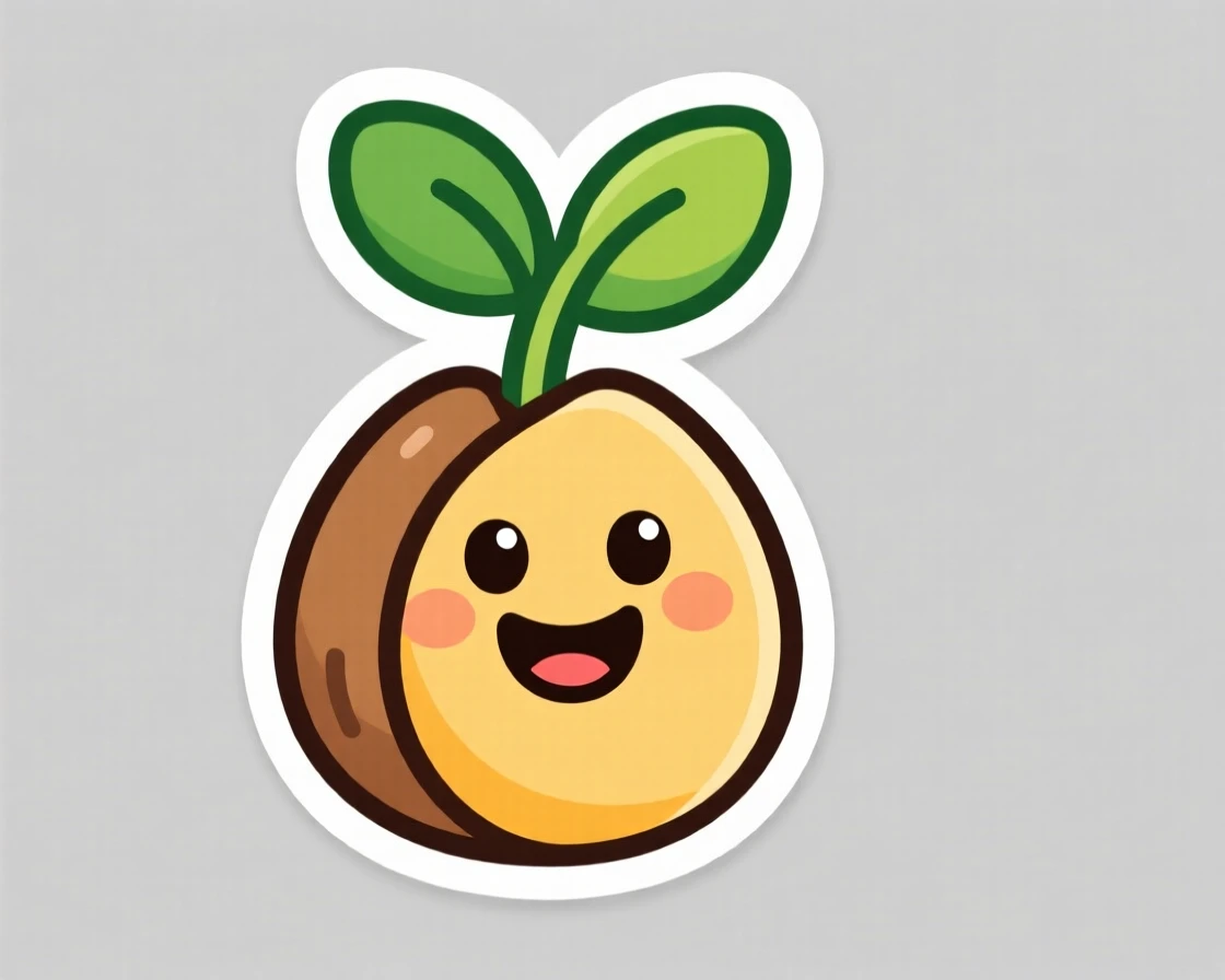 A fun and approachable cheerful cartoon seed sprouting into a plant, with a big warm smile, in a colorful and encouraging style.