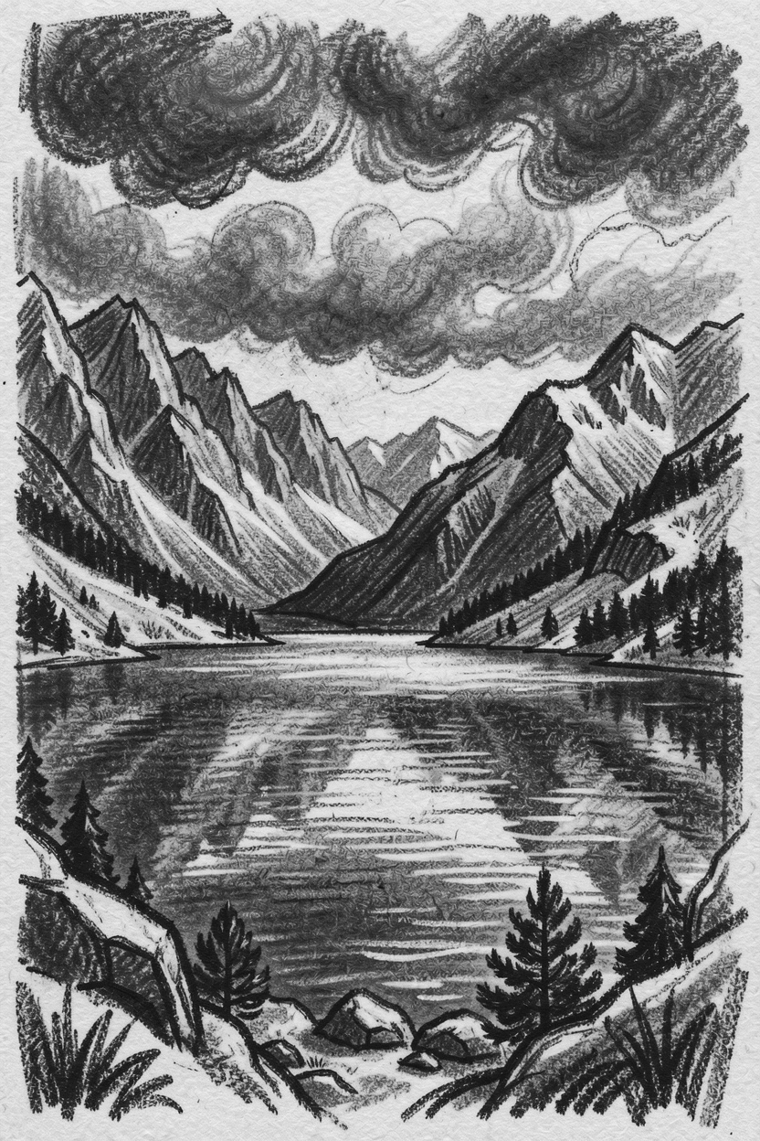 A tranquil alpine lake with dramatic storm clouds gathering on the horizon.