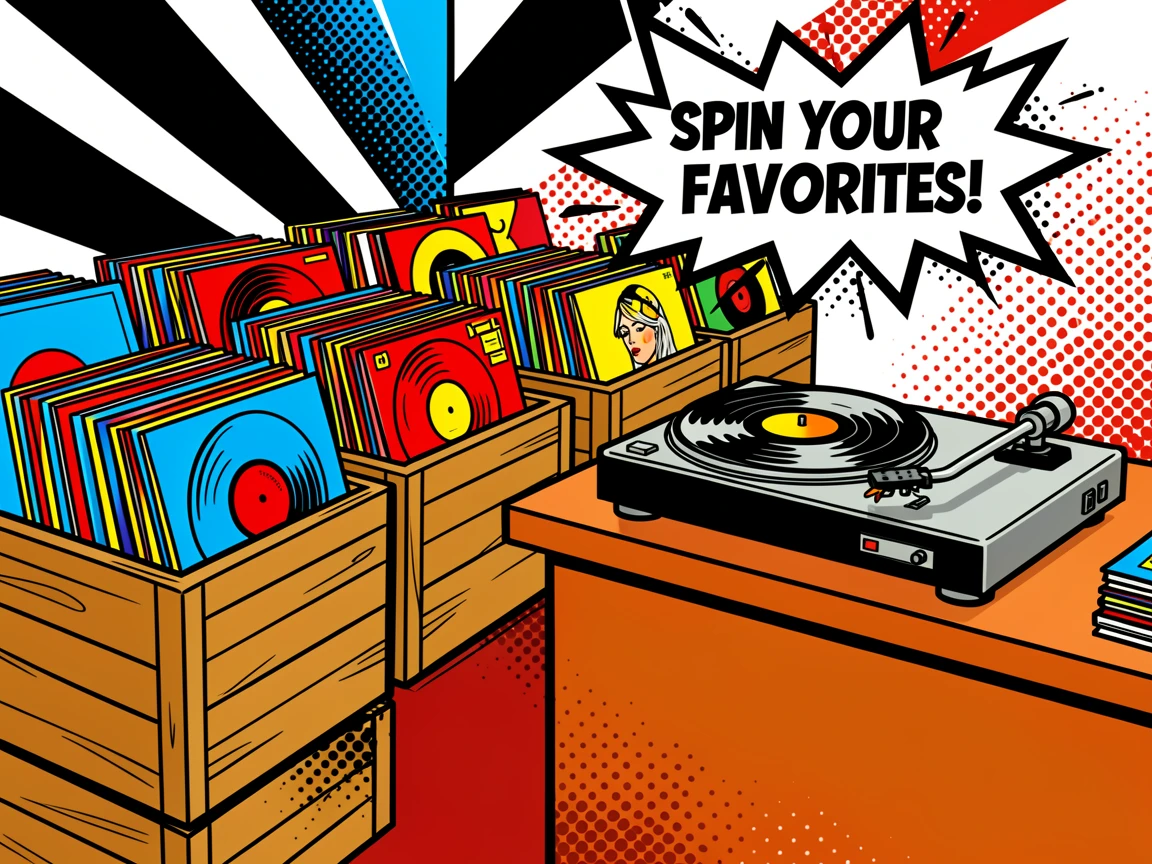 A vintage record shop with crates of vinyl albums