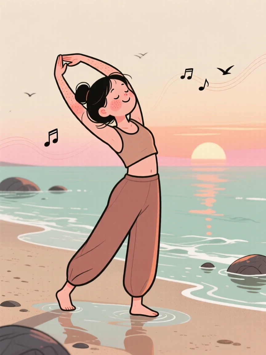 A young woman practices gentle yoga stretches on a quiet beach at low tide at sunrise, breathing slowly as the calls of distant birds surrounds them.