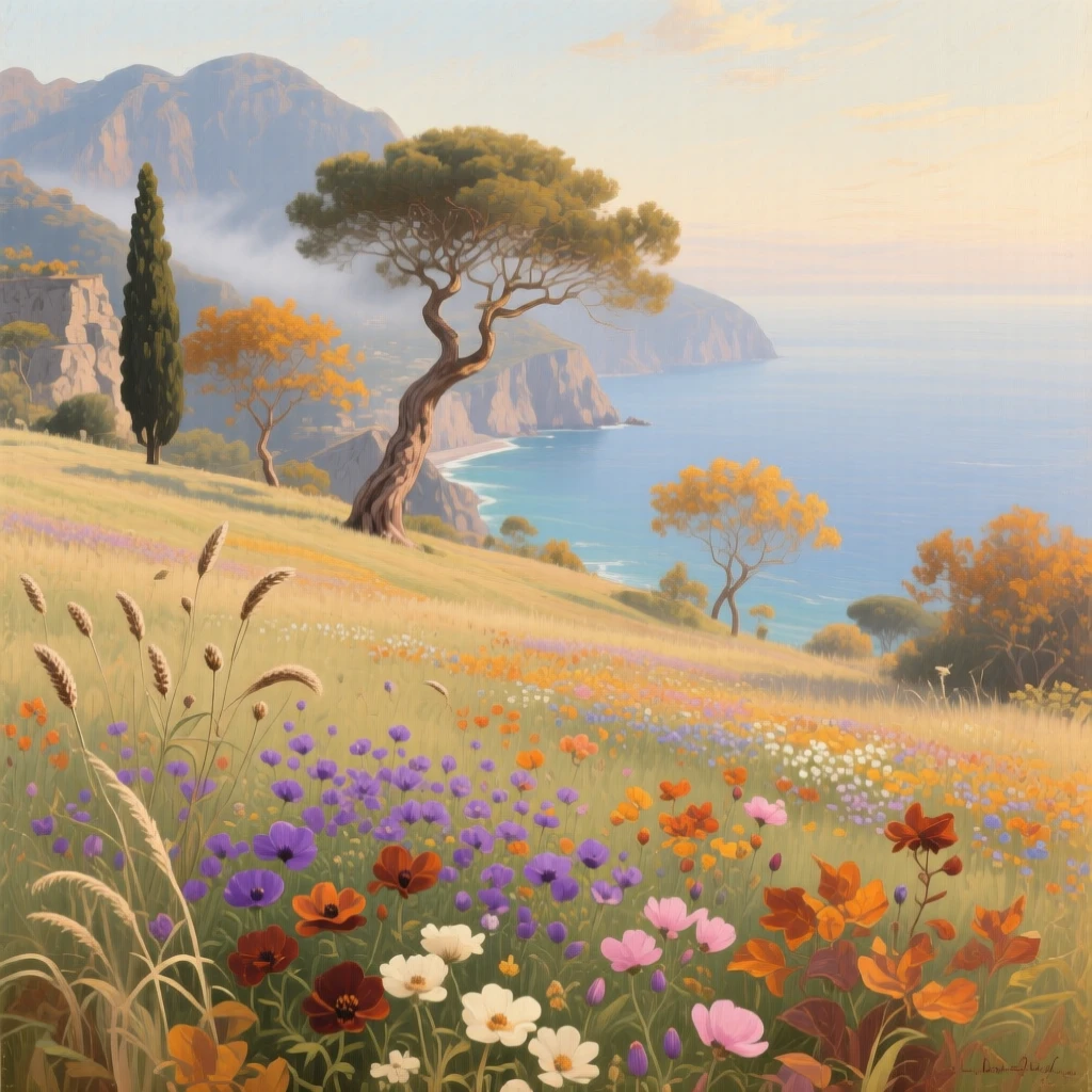 A panoramic view of a field of wildflowers stretching to the horizon, as autumn leaves turn gold, along the Amalfi coast.