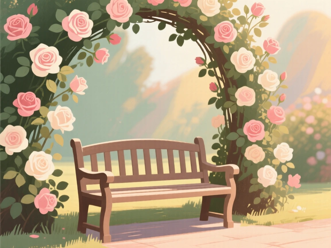 A quiet garden bench beneath a blooming archway of roses
