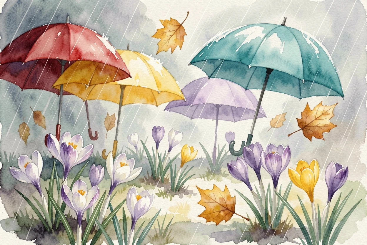 A rainy April day with colorful umbrellas and blooming crocuses as golden autumn leaves drift in the breeze.