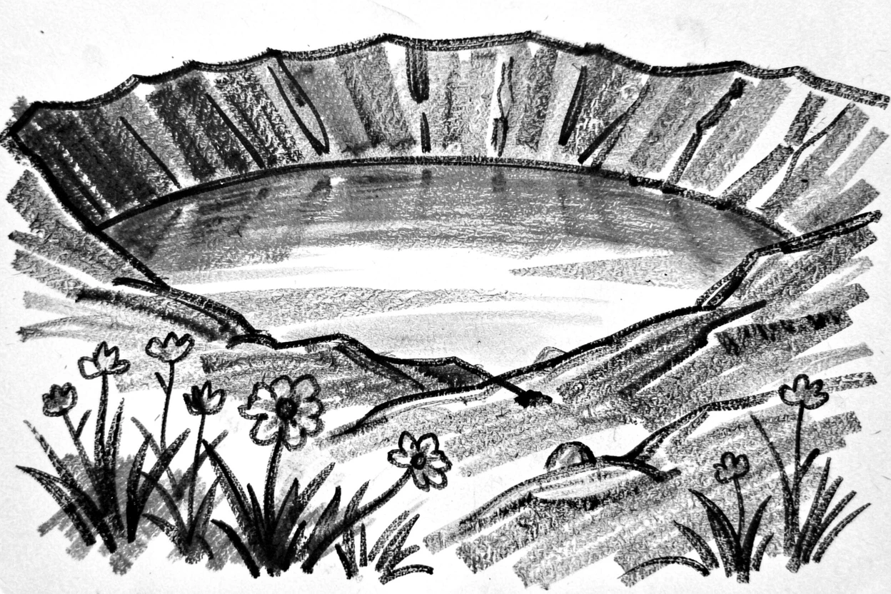 A volcanic crater lake with wildflowers scattered across the foreground.