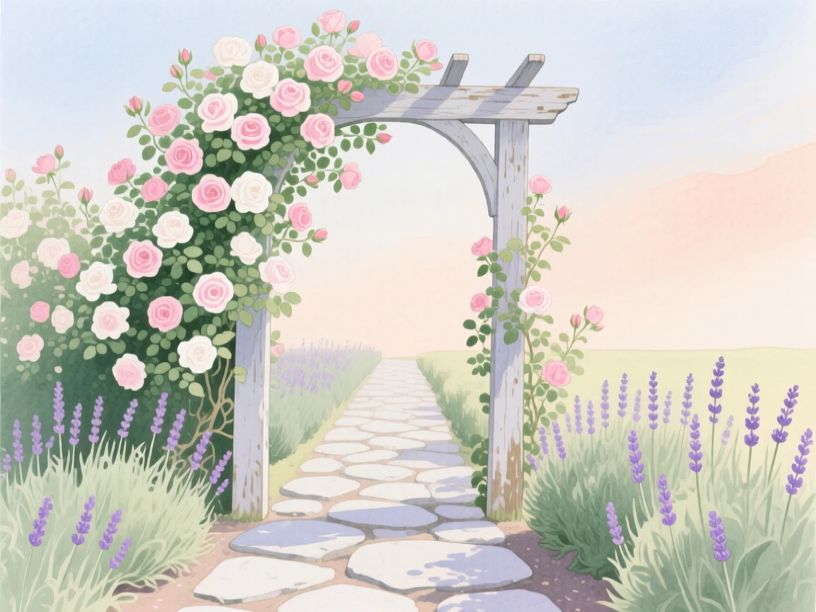 A climbing rose vine covers an old garden archway leading to a stone path lined with lavender bushes