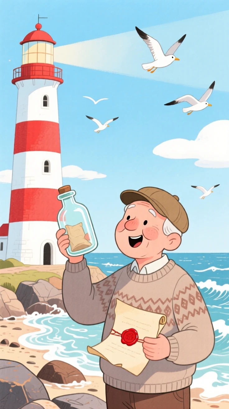 A thrilling glimpse of a lighthouse keeper discovering a bottle with a message inside.