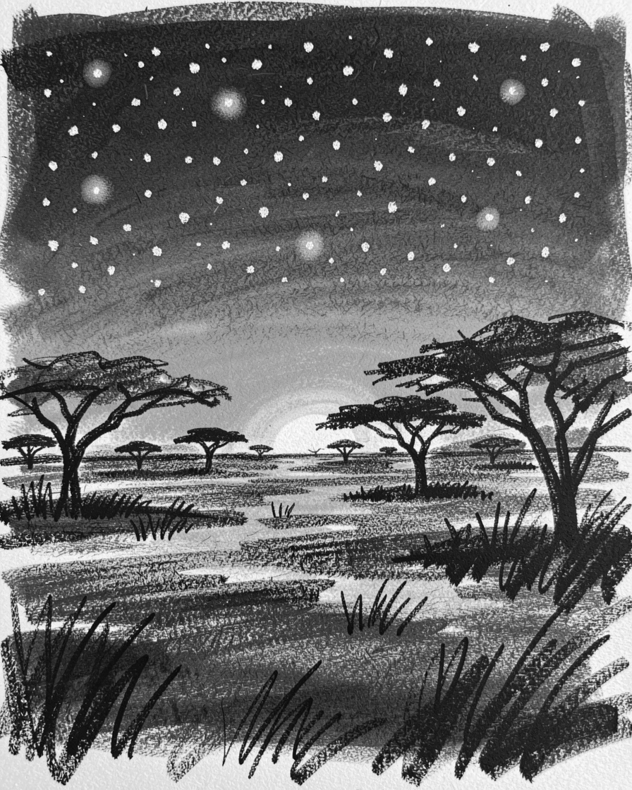 A sprawling savanna at sunset beneath a canopy of stars.