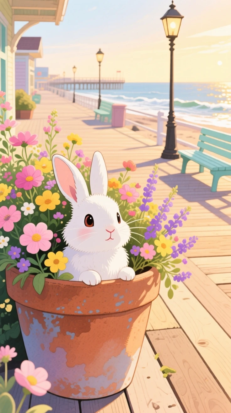 A fluffy white rabbit peeking out from behind a flower pot, set in a seaside boardwalk at golden hour, full of playful curiosity.