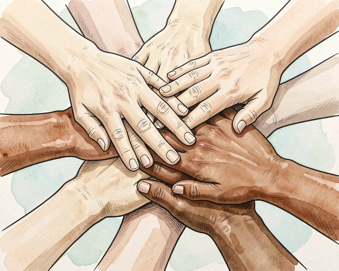 A row of hands stacked together in a circle of encouragement, the moment simple, sincere, and quietly powerful.