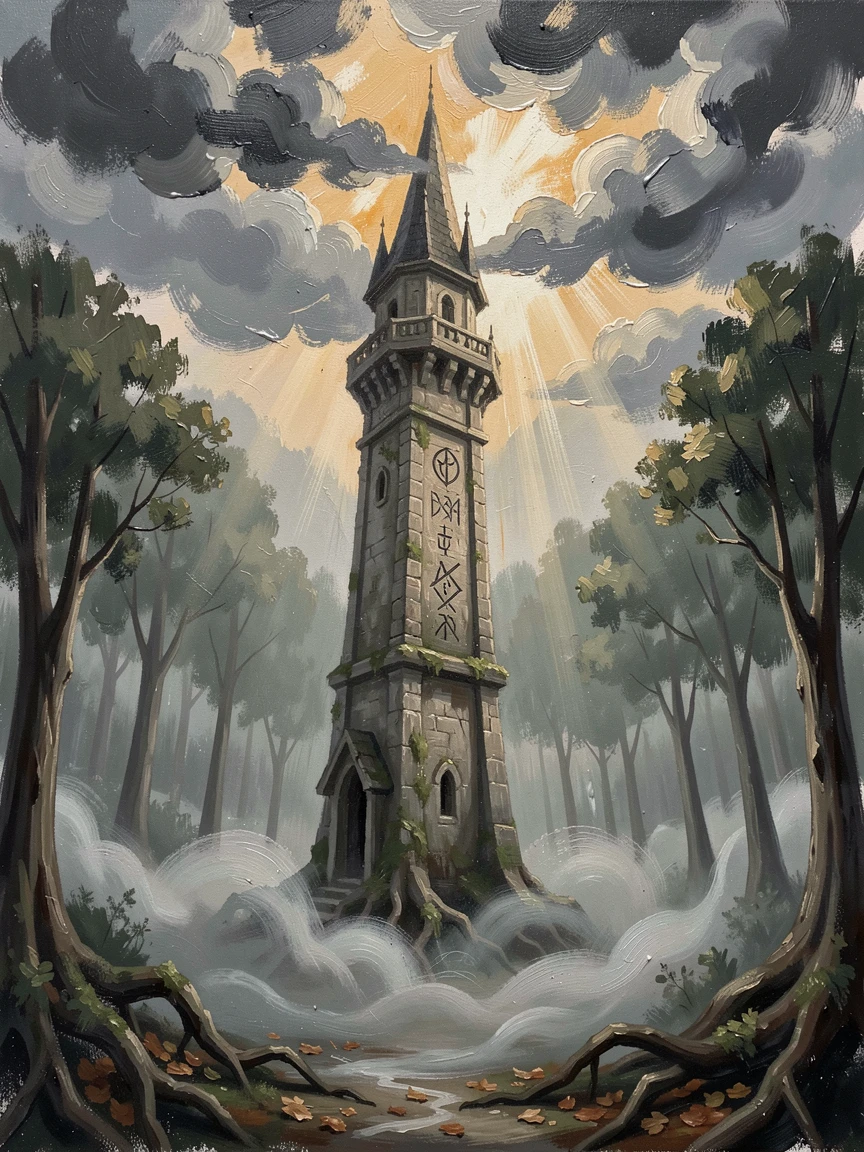 A wise old wizard's tower rising from a misty forest, within a hidden valley shrouded in mist, a gentle mist swirling around its feet, as golden light breaks through parting storm clouds.