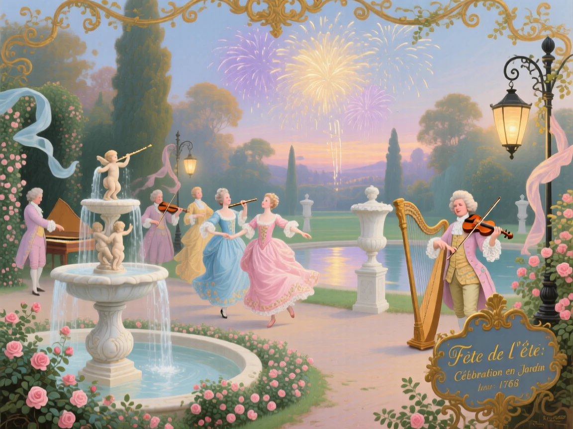 A grand garden celebration with fountains, dancers, musicians, and fireworks  