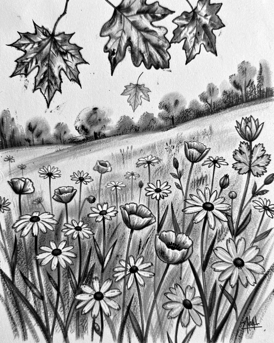 A field of wildflowers as autumn leaves drift on a gentle breeze.