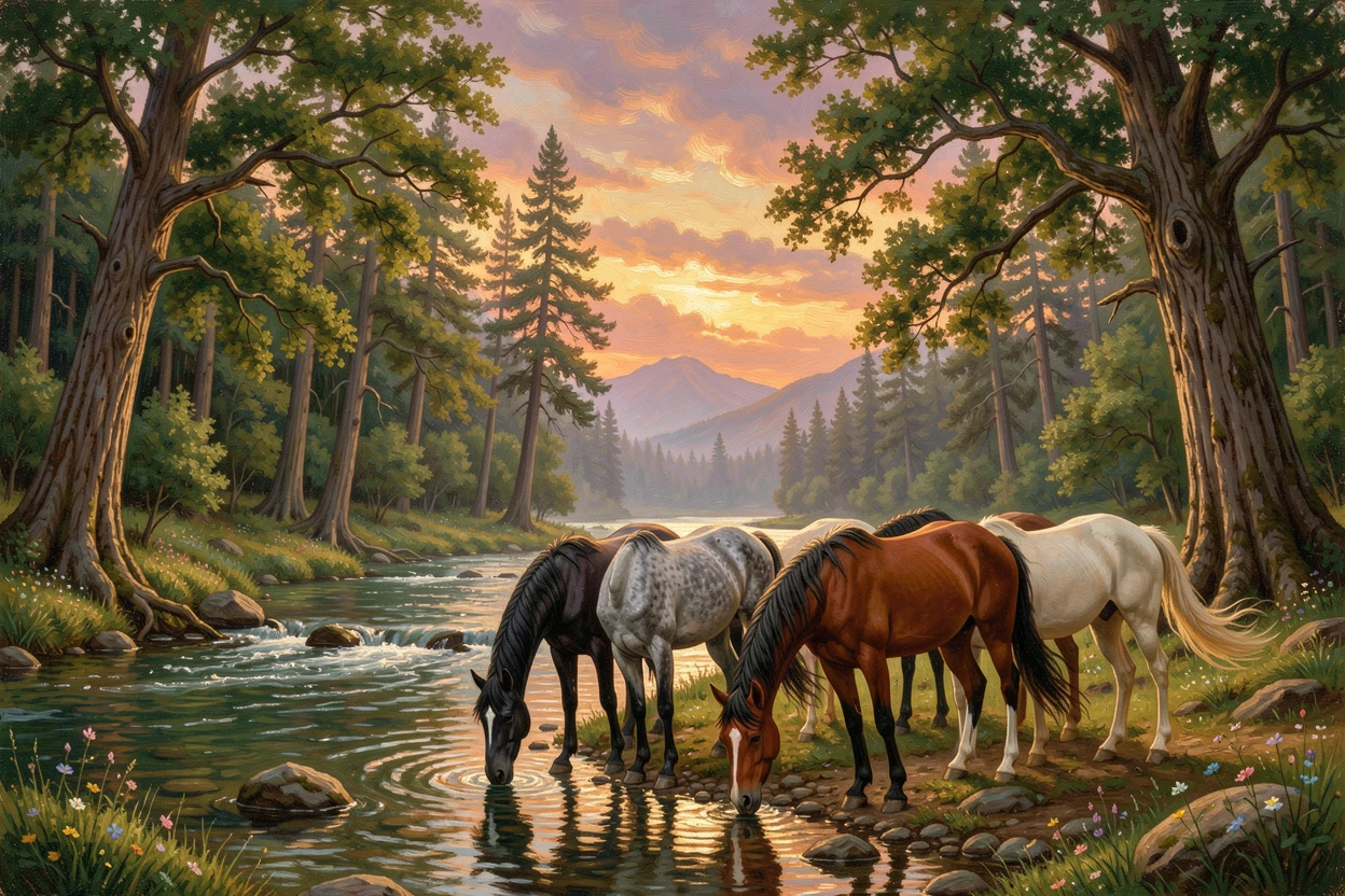 A herd of horses drinks from a river at the edge of a forest.