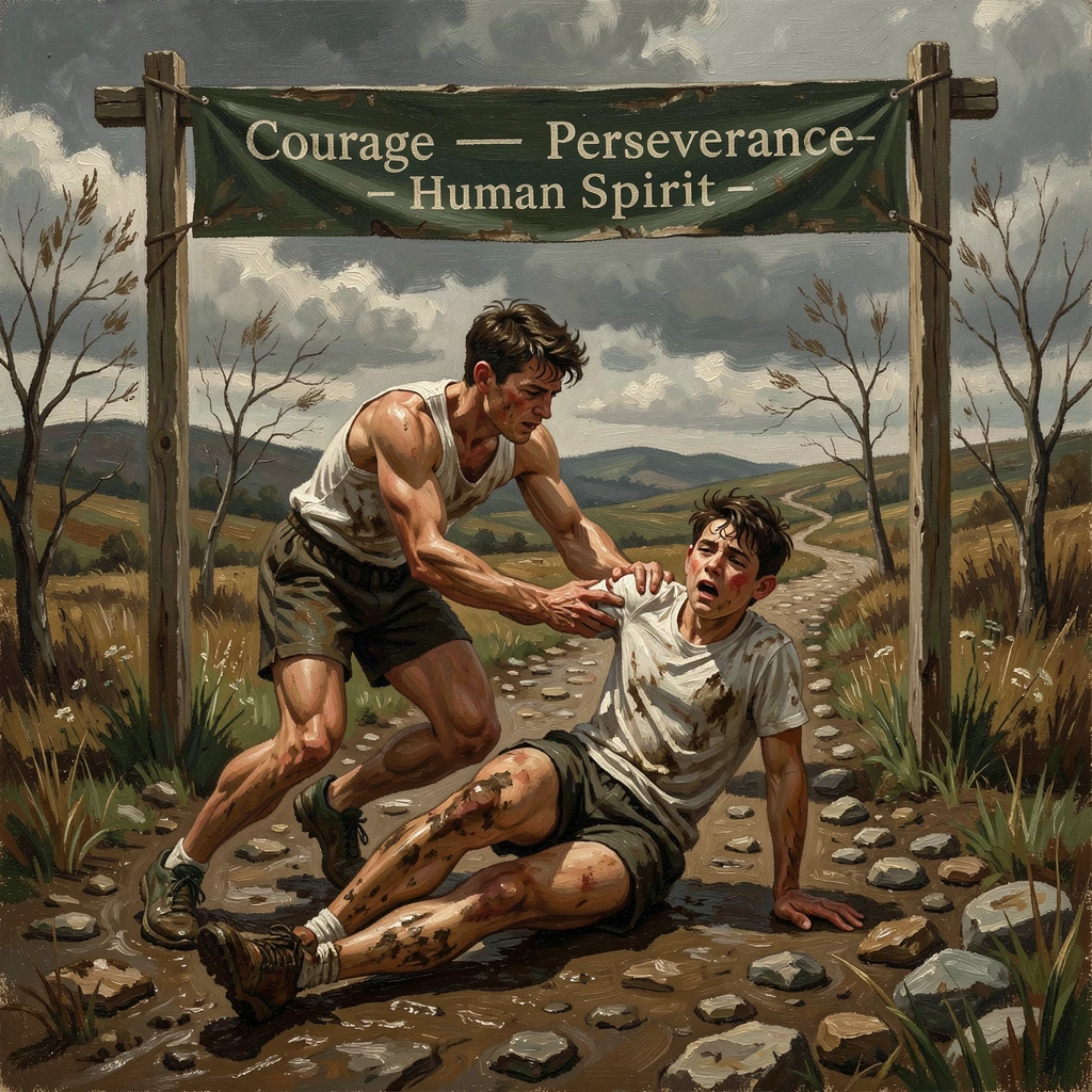 A young athlete helping a fallen competitor across the finish line, as the setting itself echoes the emotional weight of the scene, celebrating courage, perseverance, and the strength of the human spirit
