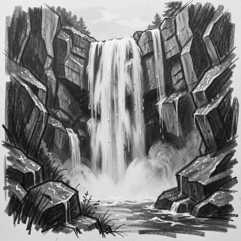 A towering waterfall as morning dew glistens on every surface.