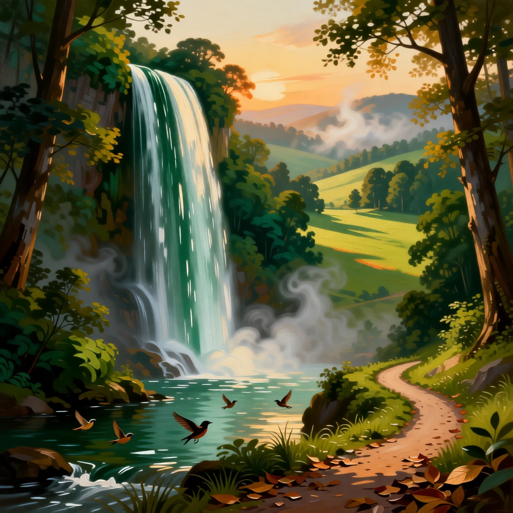 A cascading waterfall tumbling through a mist-filled emerald valley glowing under the last light of a fading afternoon, set within reach of a winding country path, with birds gliding low over the water and long shadows stretching across the grass; foreground detail frames a sweeping, luminous background, radiating the serene majesty of untouched nature.