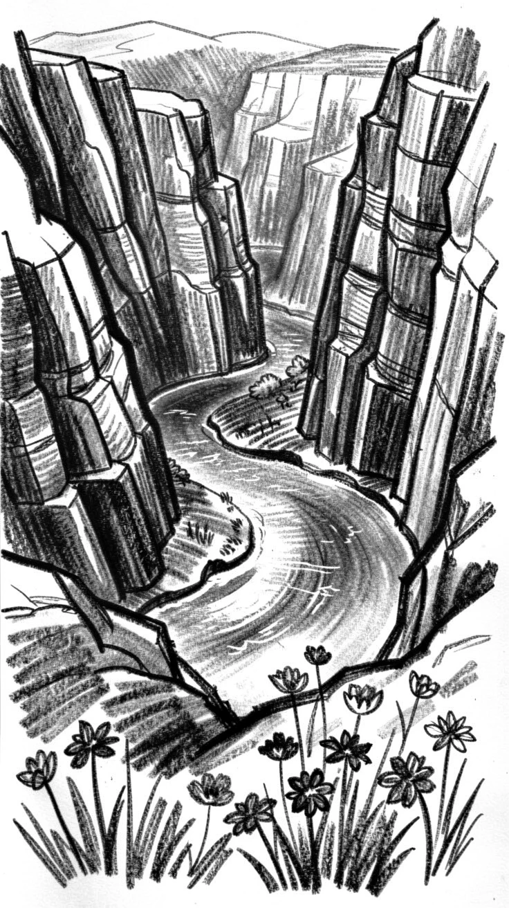 A canyon carved by a river with wildflowers scattered across the foreground.