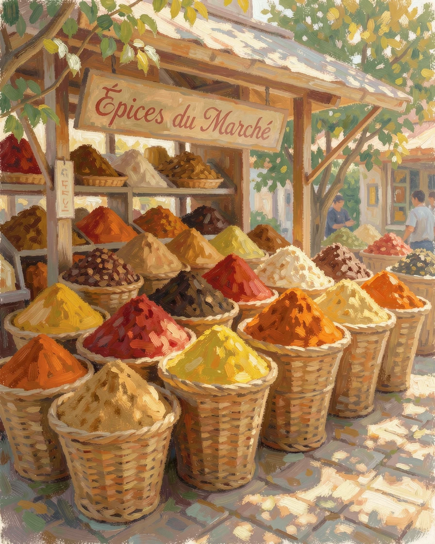 A charming spice market stall overflowing with mounds of colorful spices in woven baskets, conveying a feeling of romance and tranquility.
