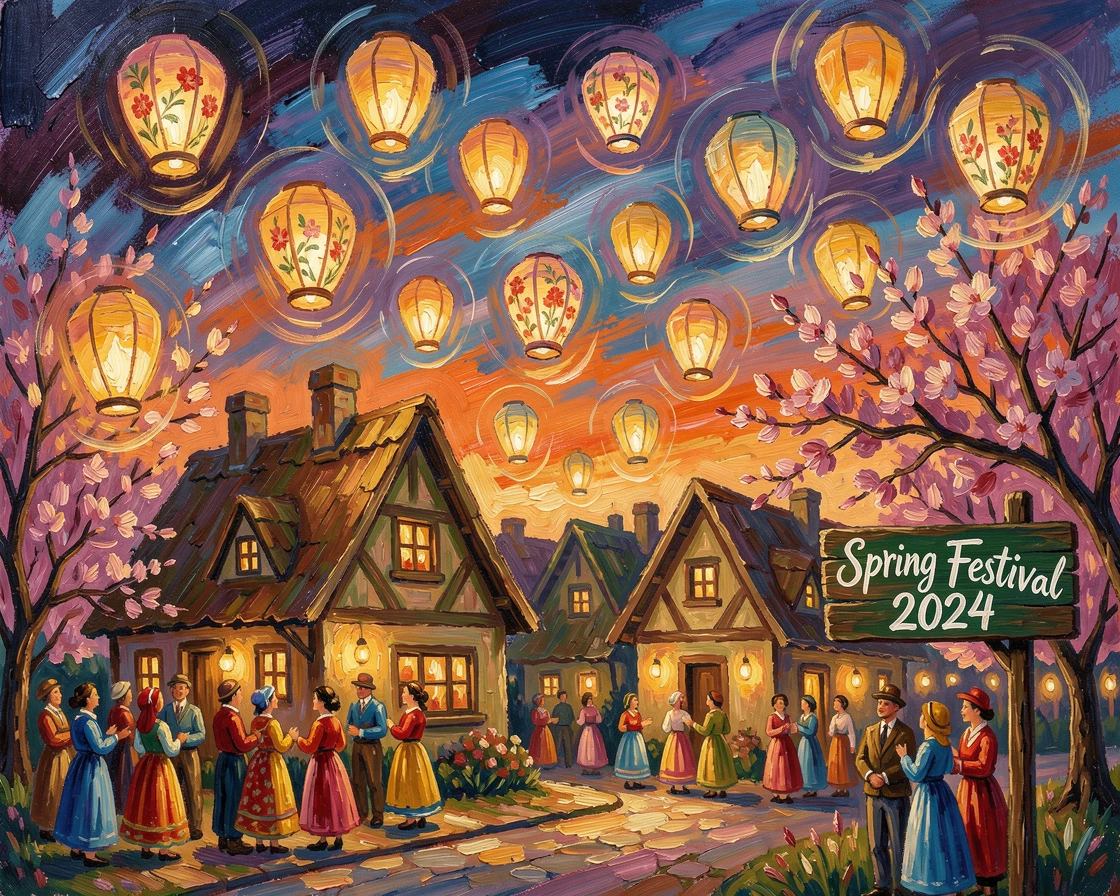 A sky filled with paper lanterns rising from a village celebrating the return of spring.