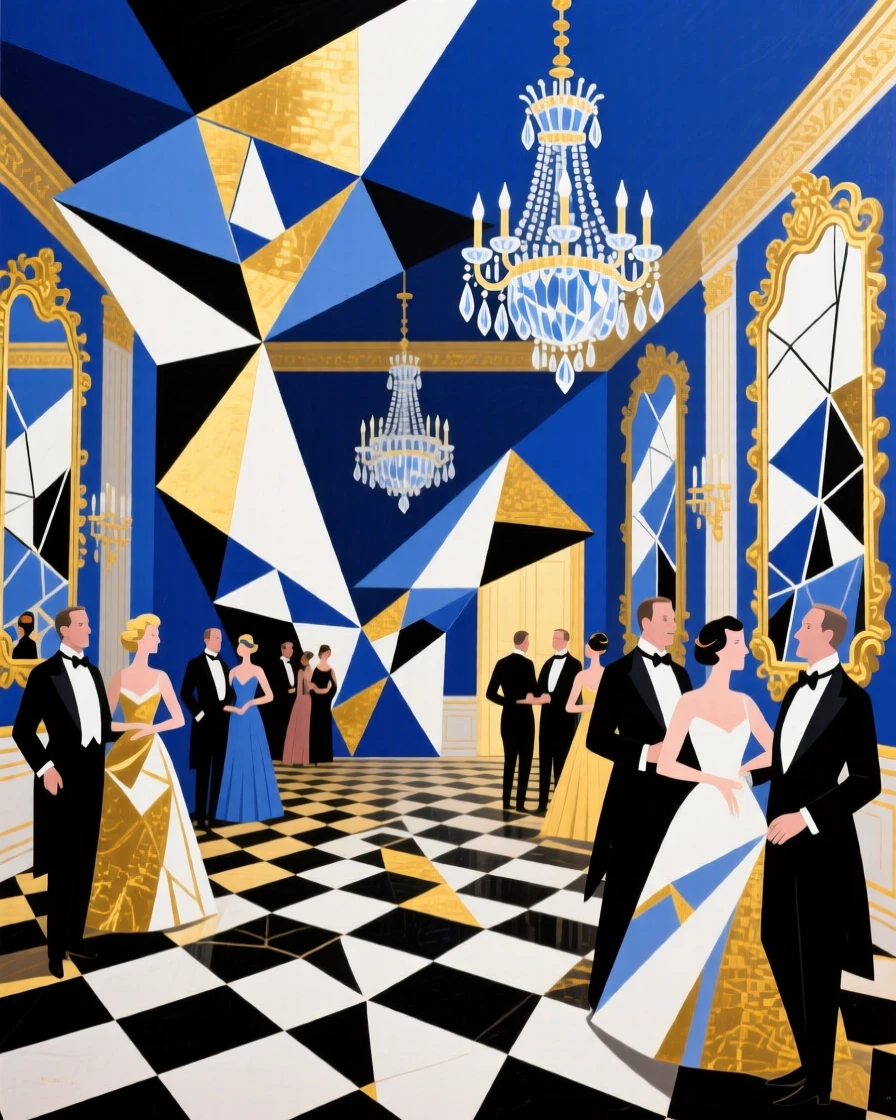 An opulent palace ballroom with crystal chandeliers and gilded mirrors.