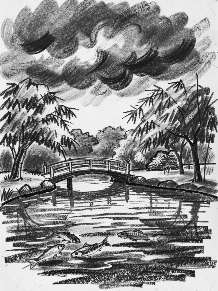 A tranquil Japanese garden pond with dramatic storm clouds gathering on the horizon.