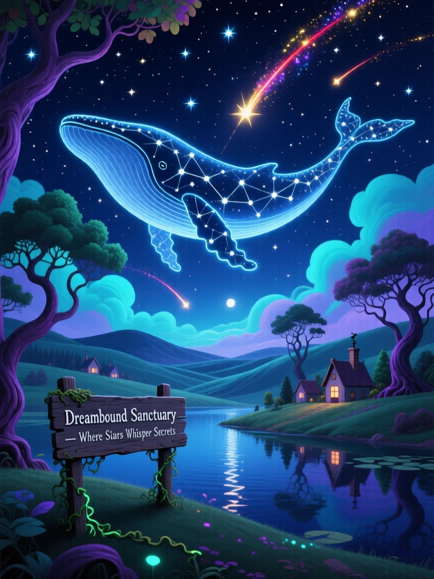 A night sky where constellations form the outline of a giant whale hangs silently over a sleeping world below, as shooting stars trace slow arcs across the darkness.