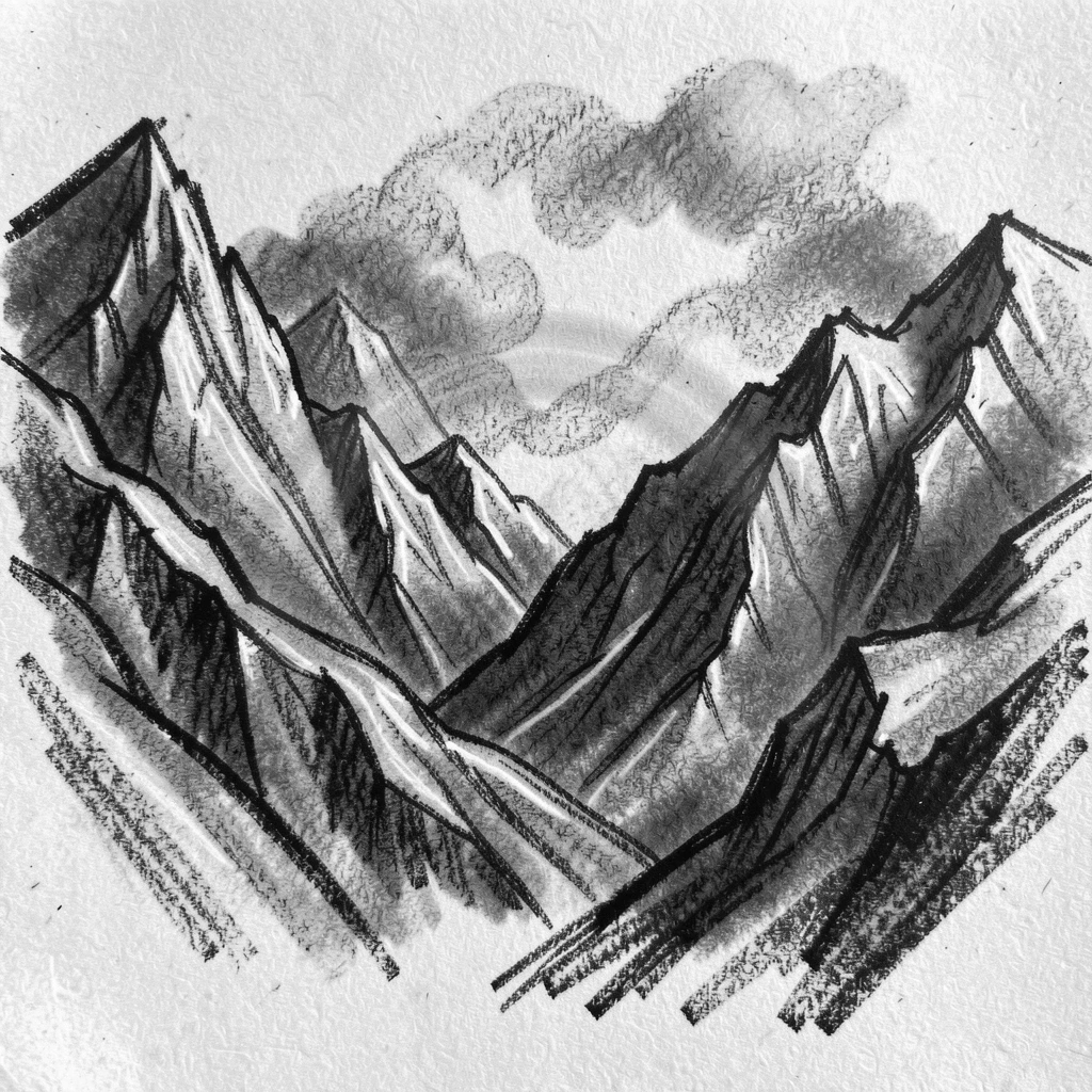 A dramatic mountain range with a rainbow stretching across the valley.