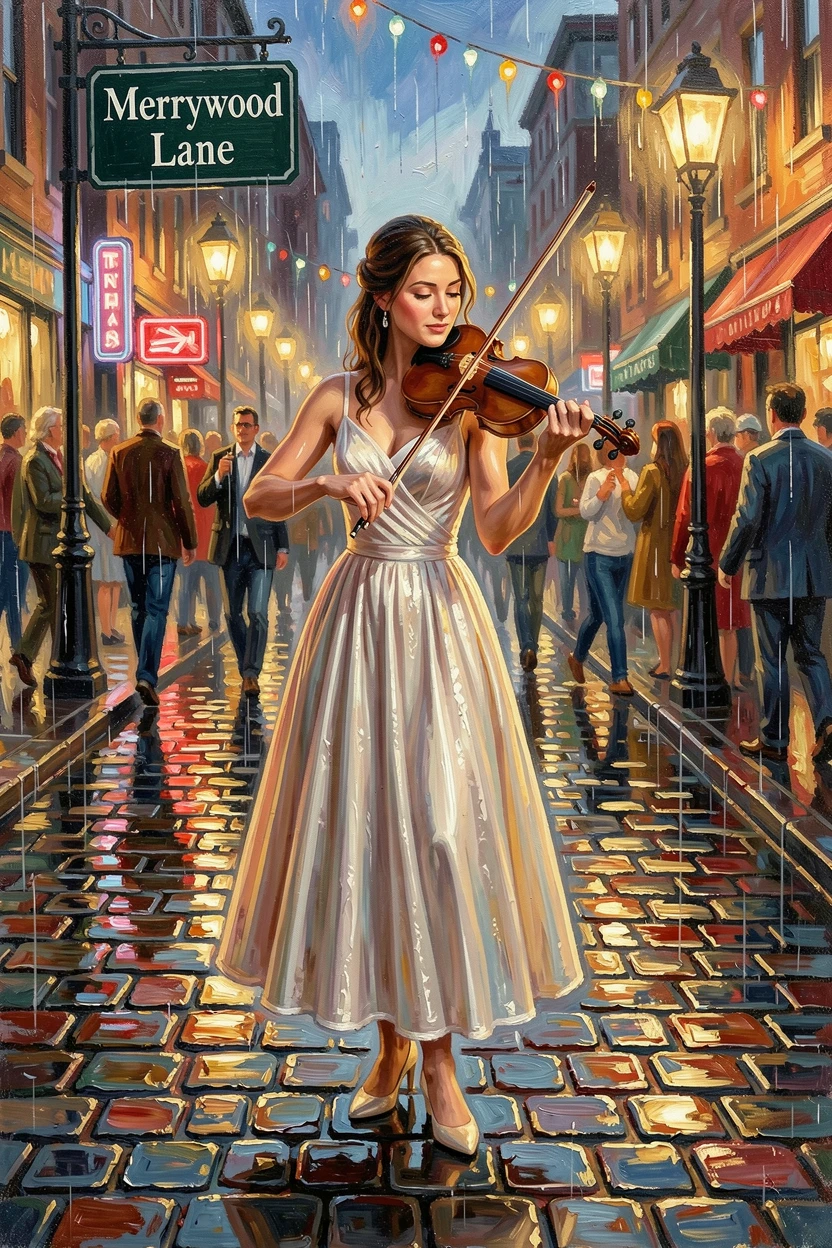 A violinist performs a solo on a rain-soaked cobblestone street, reflections of streetlights shimmering on the wet stones around her, the scene capturing a fleeting, candid moment within a larger ongoing celebration.