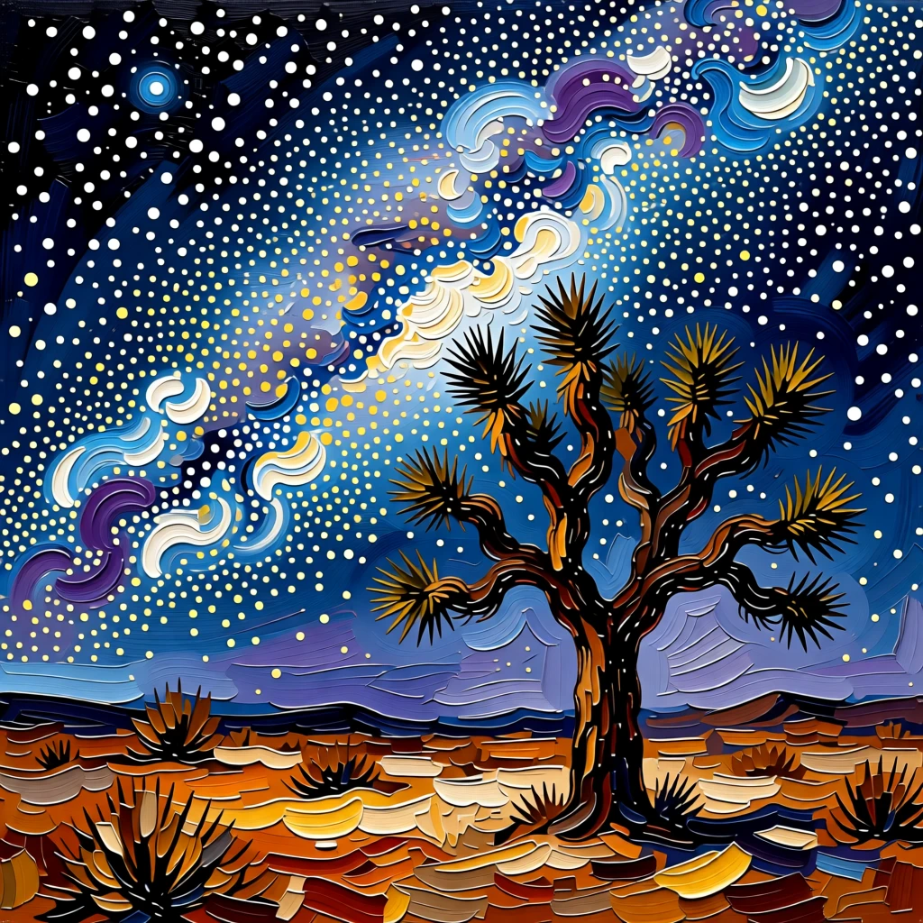 A lone Joshua tree silhouetted against a star-filled desert sky