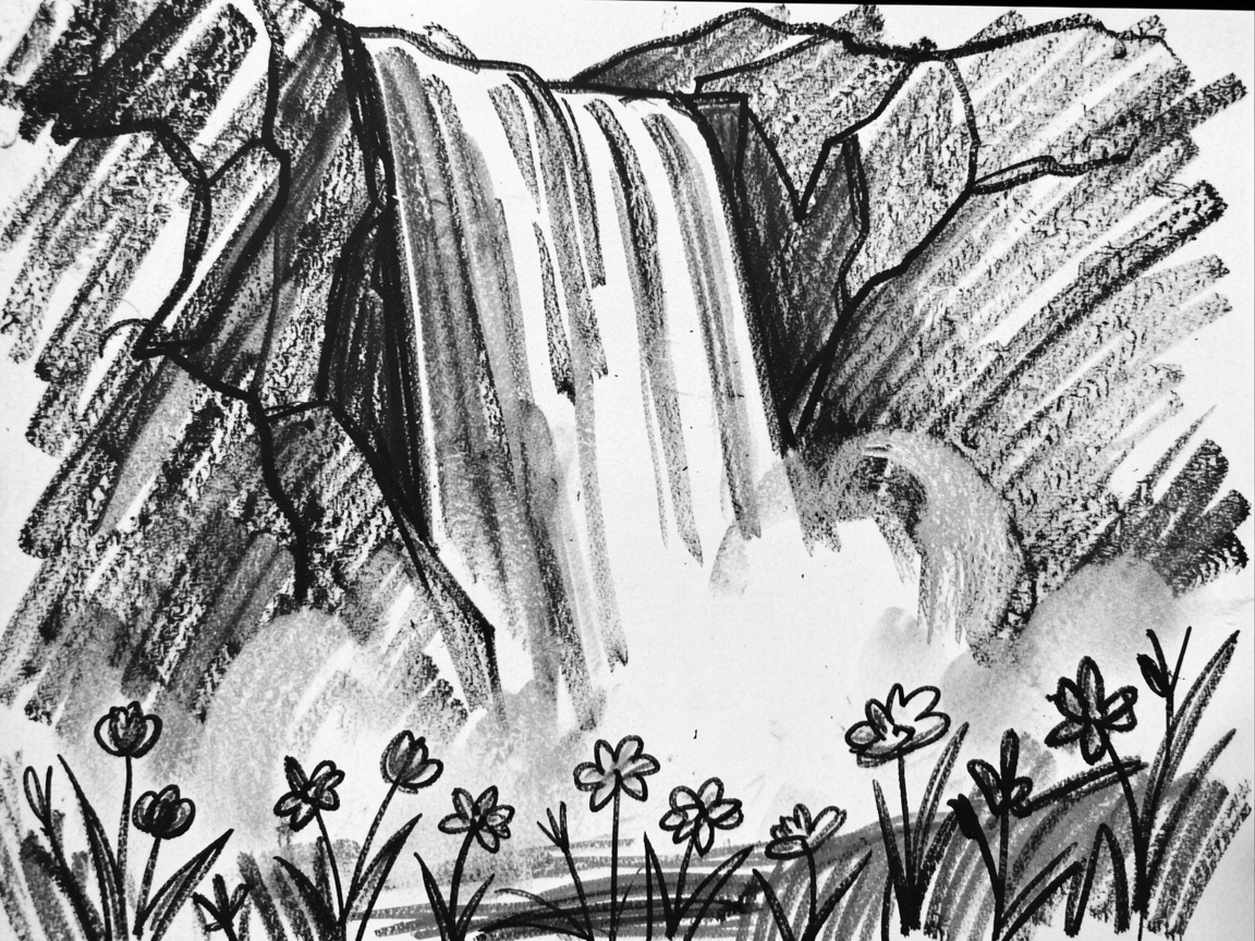 A towering waterfall with wildflowers scattered across the foreground.