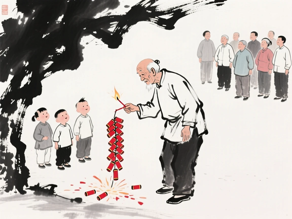 A grandfather lights a string of firecrackers as children watch from a safe distance, as neighbors gather to watch the celebration unfold.