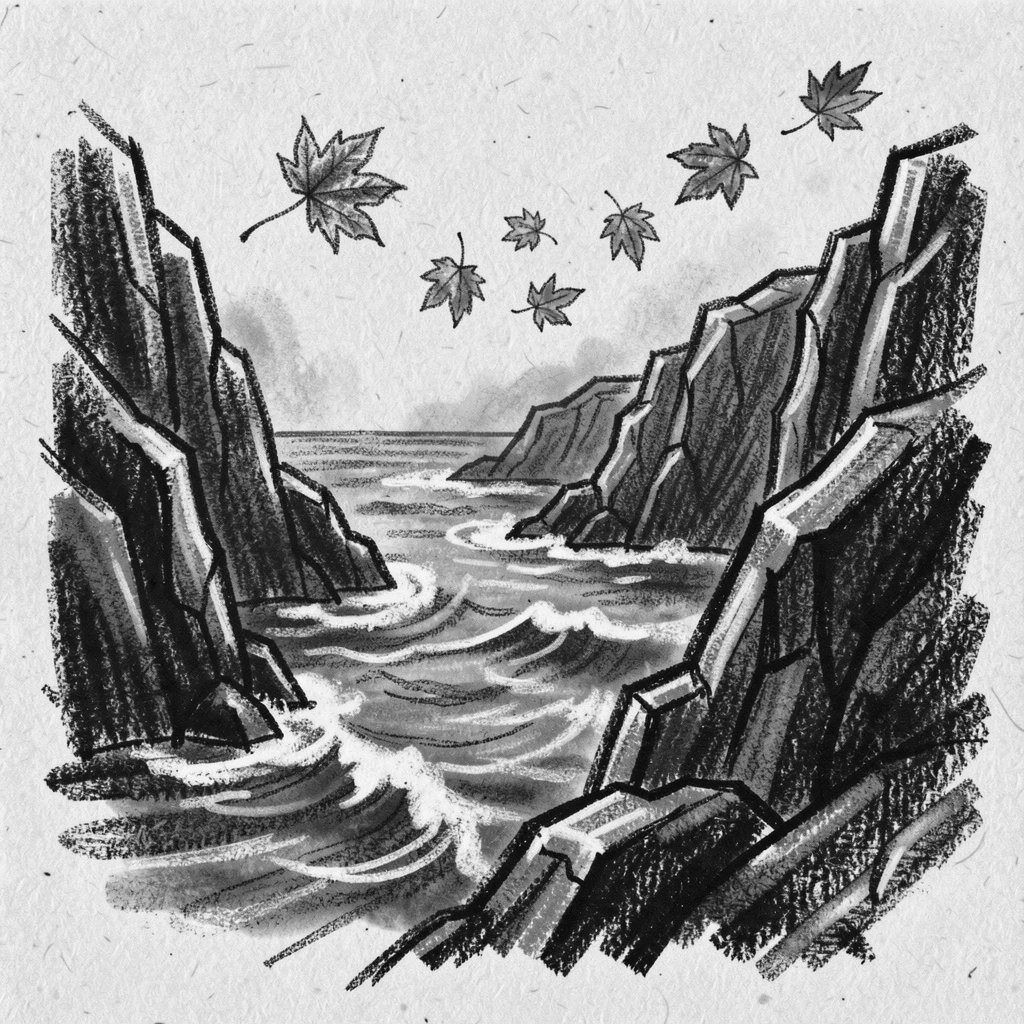 A rugged coastline as autumn leaves drift on a gentle breeze.