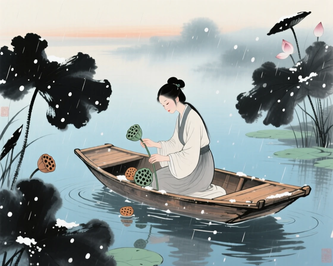 A young woman gathering lotus pods from a boat on a still pond, filled with tranquil stillness, just after a rain shower, beneath softly falling snow.