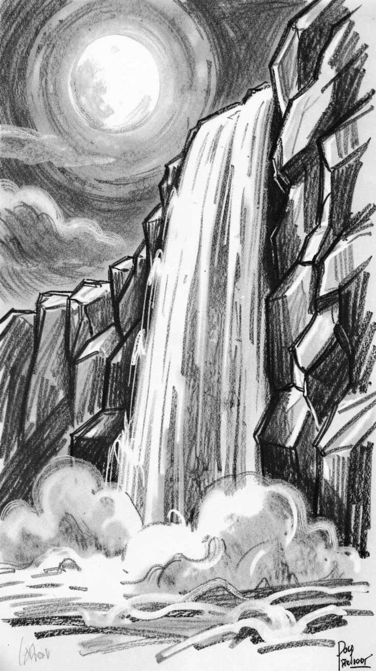 A towering waterfall under the soft glow of the moon.