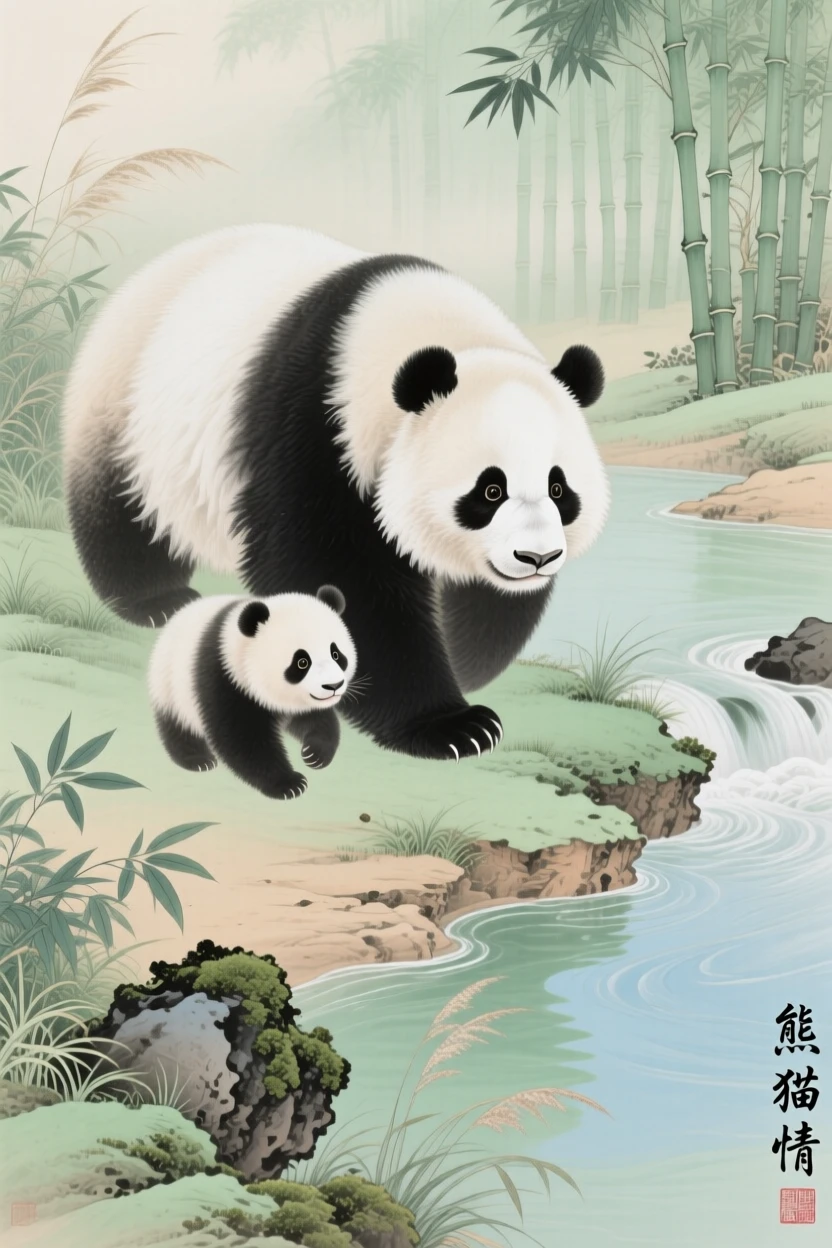 A giant panda following its mother along a riverbank
