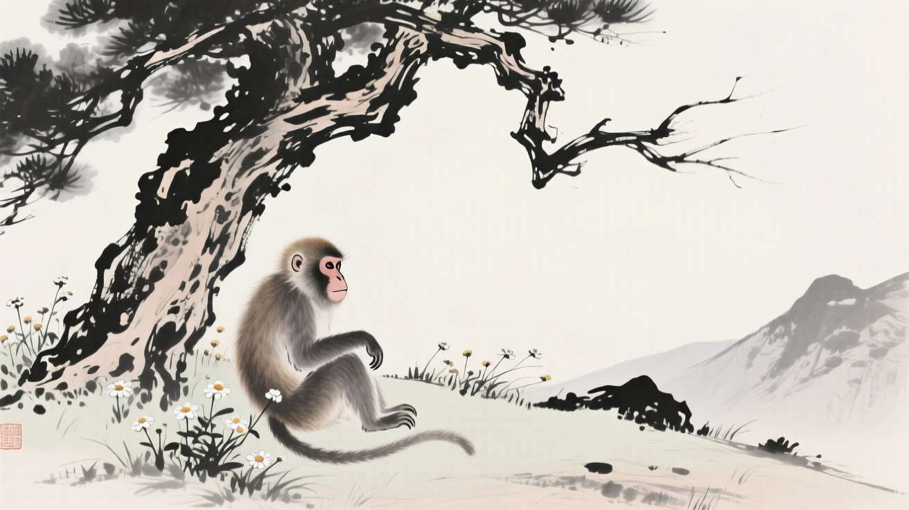 A monkey resting beneath a gnarled old tree among wildflowers on a mountain meadow, captured in profile against a soft, empty background, carrying a sense of quiet dignity and wildness.