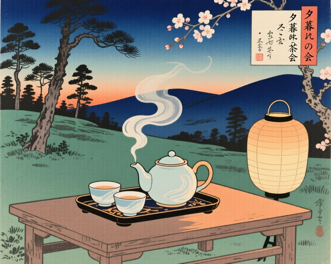 A delicate ceramic tea set steaming gently in the evening air.