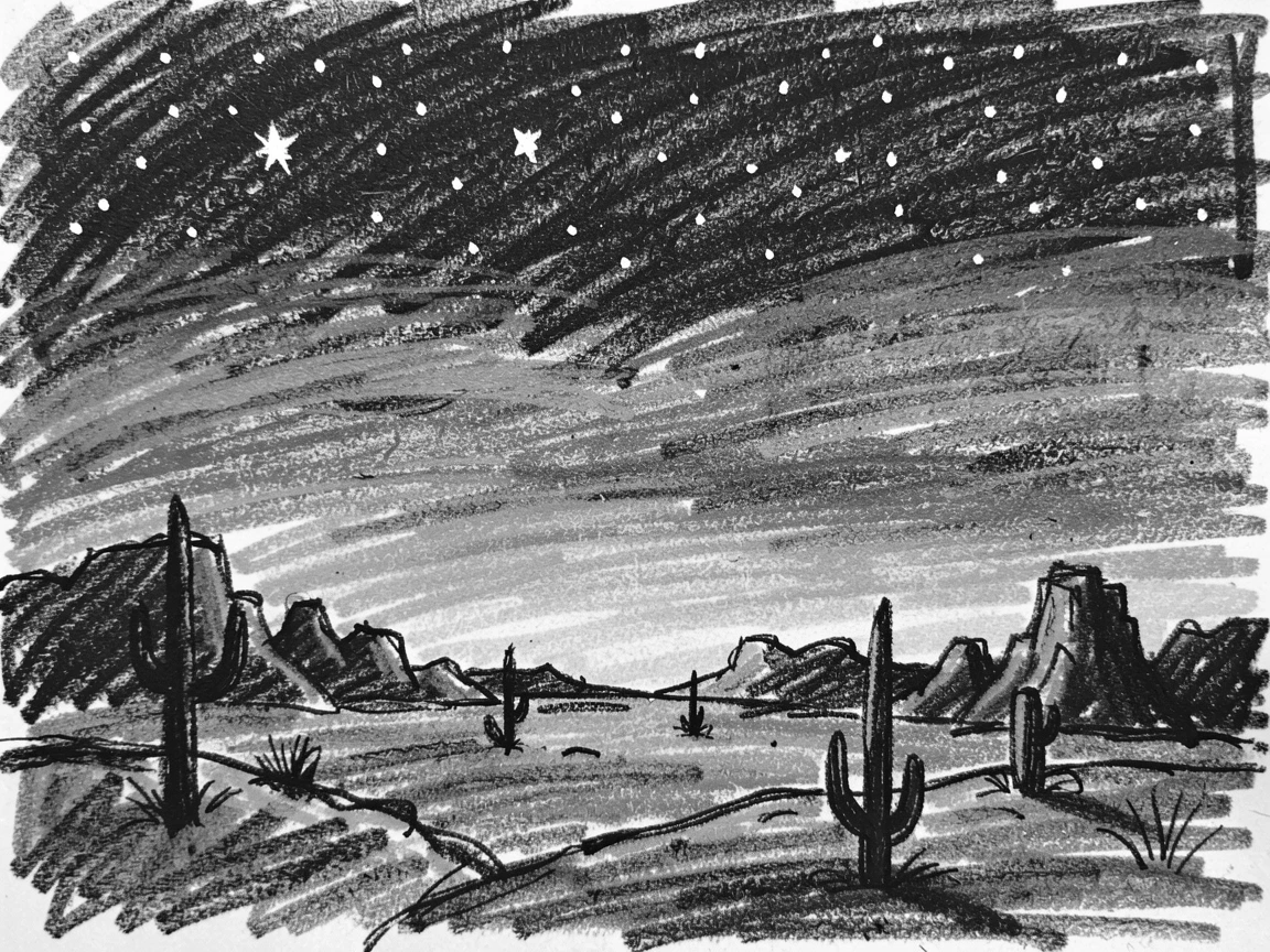 A star-filled night sky over a desert under a sky ablaze with sunset colors.