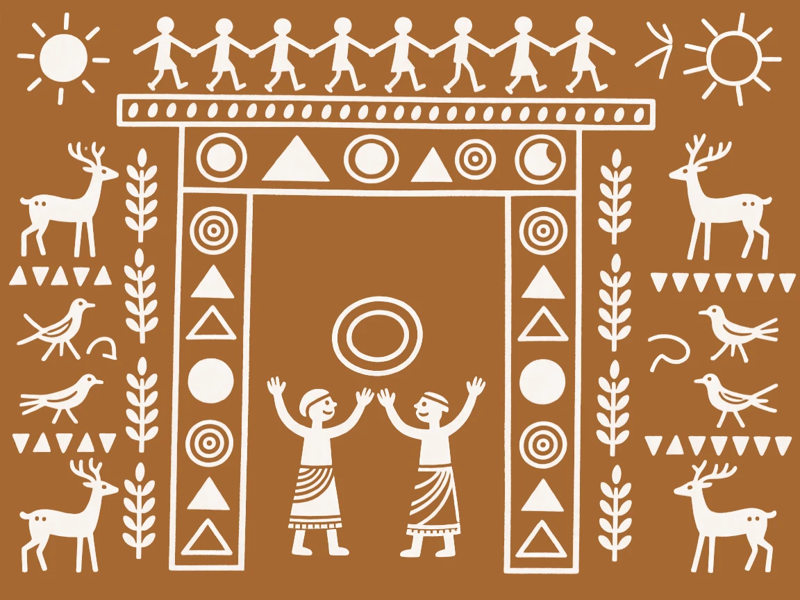 A ceremonial doorway decorated with symbols of prosperity and welcome.