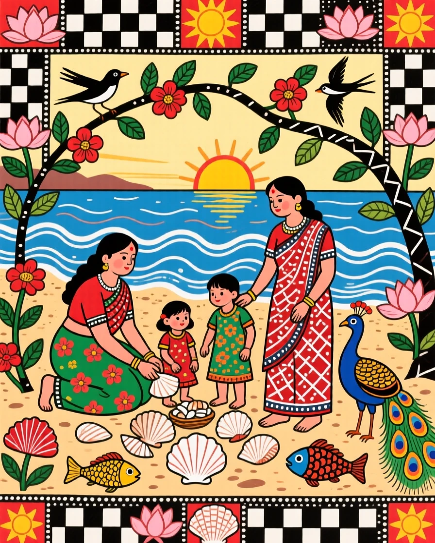 A family gathering shells together along a quiet morning beach.