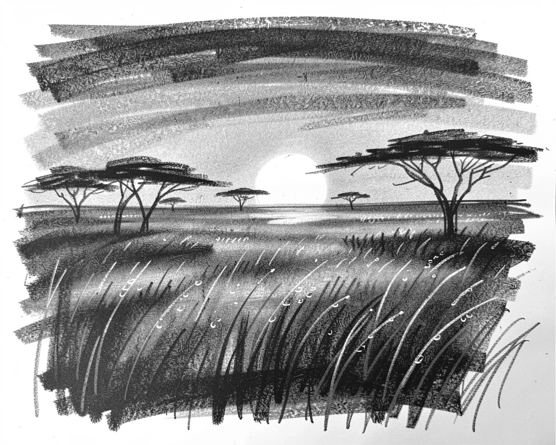 A sprawling savanna at sunset as morning dew glistens on every surface.