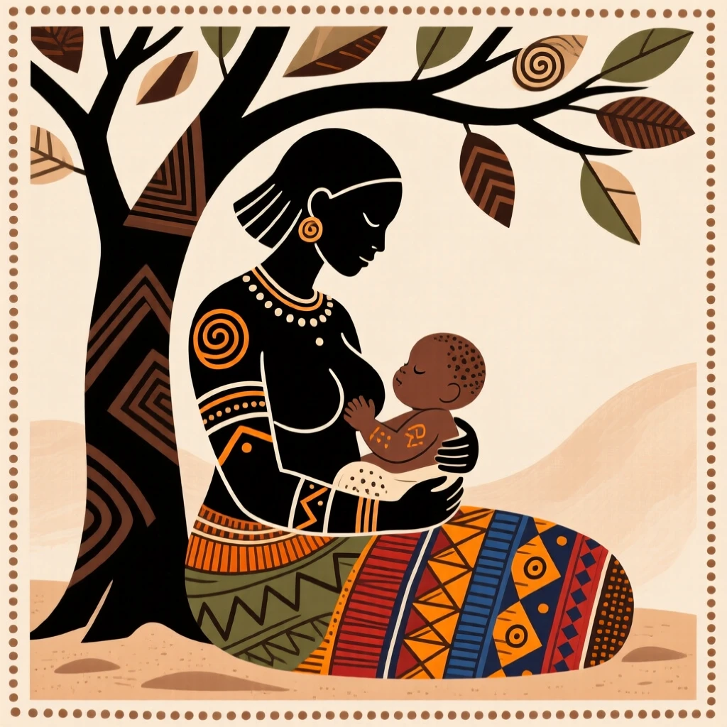 A mother nursing her baby beneath a tree.