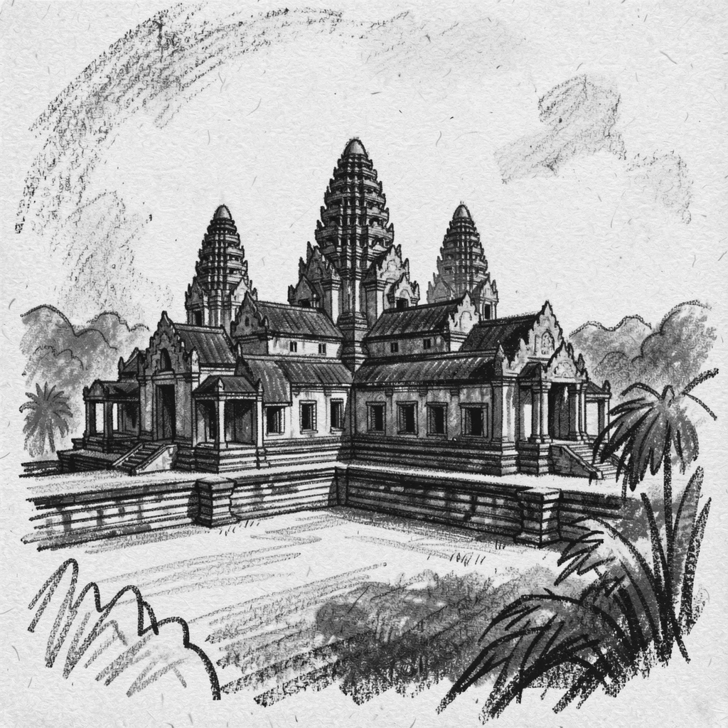 The temples of Angkor Wat viewed from a quiet elevated vantage point.