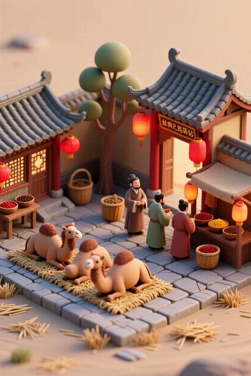 An ancient Chinese silk road caravanserai with camels resting, merchants trading spices, and lanterns glowing at dusk.