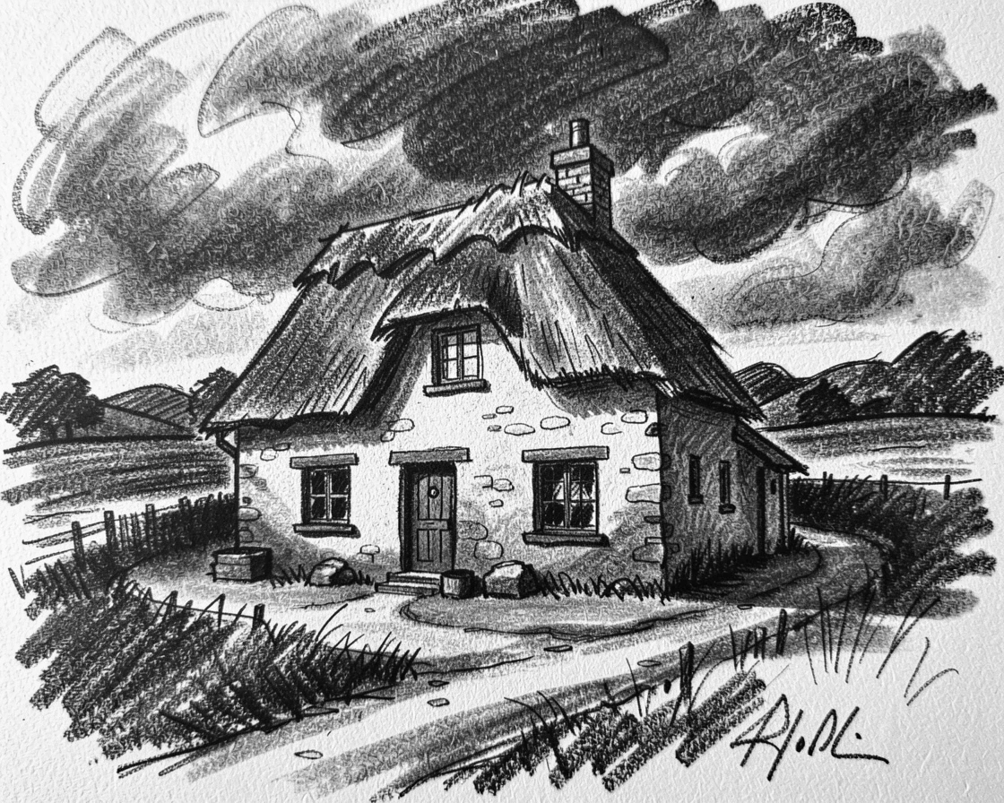 An old English countryside cottage as a storm rolls in over the horizon.