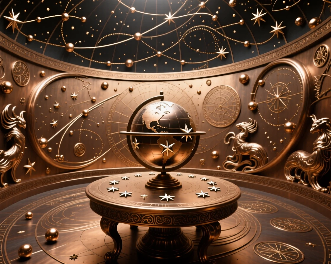 A celestial map room charting unknown constellations, with intricate, fantastical detail throughout, transporting the viewer to another world